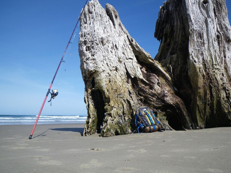 Big old growth stump with my rising pole and pack leaning against it