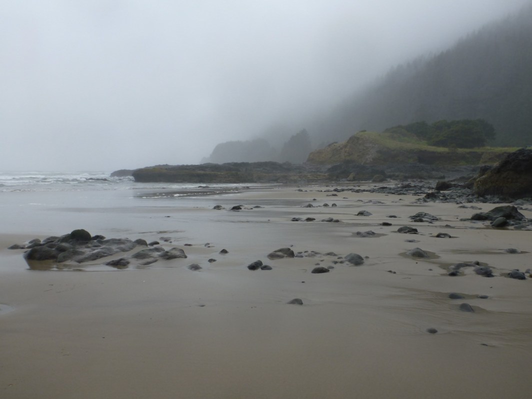A low tide seascape showing a sandy beach with a sprinkling of exposed rocks. Headland on the right, surf zone on the left. Moody sky.