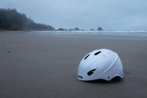 White NRS whitewater paddling helmet in the drift line