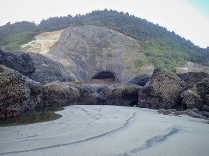 View from the sandy beach to Preacher's Cave and the Sitka spruce forest above