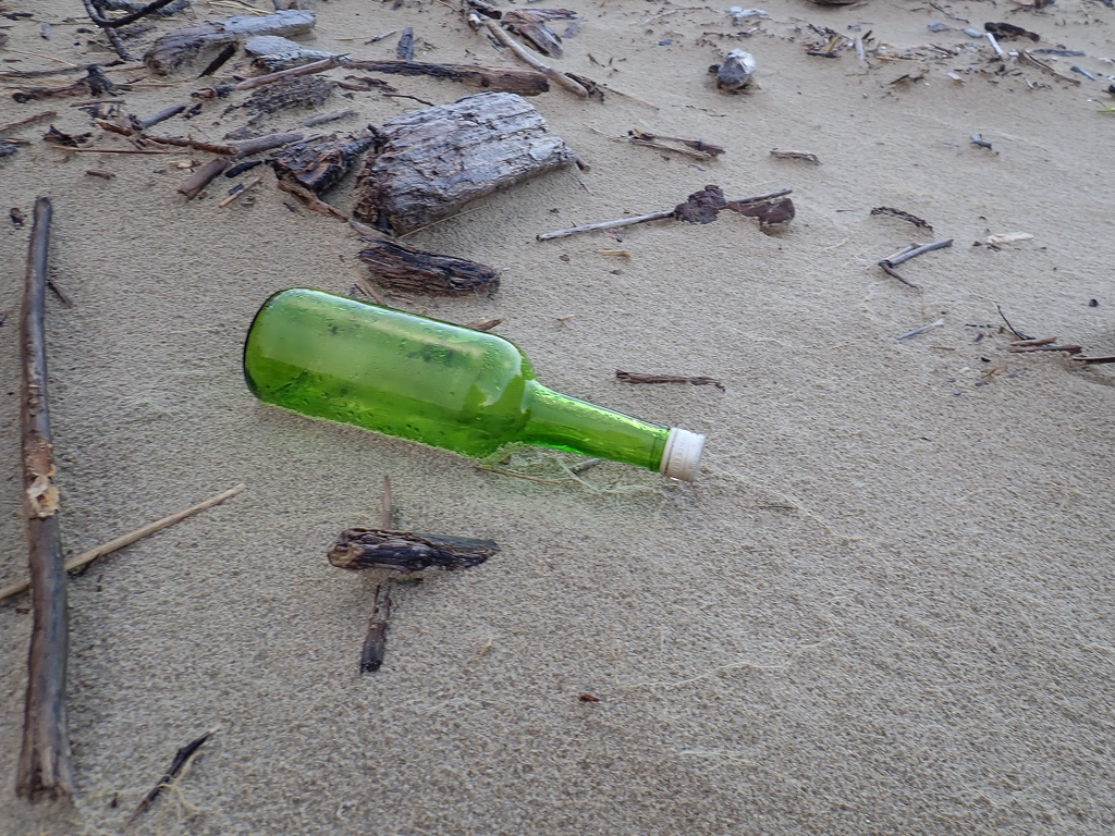 Green Gallow bottle on sand among small driftwood