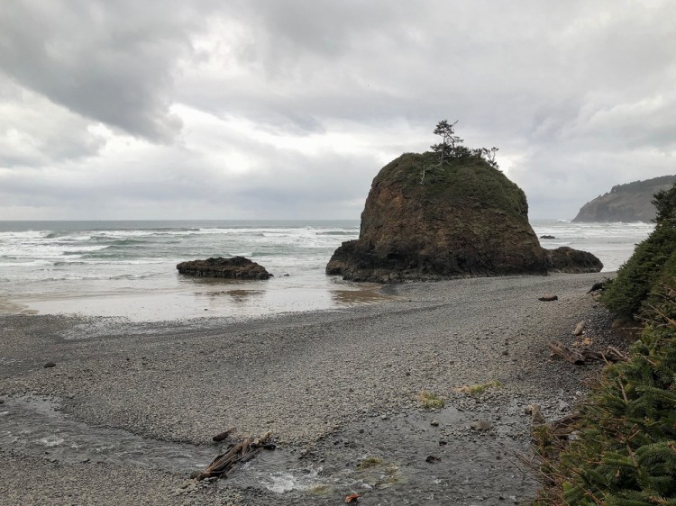 Seascape with cobble beach, surf, and a sea stack with a few trees on top