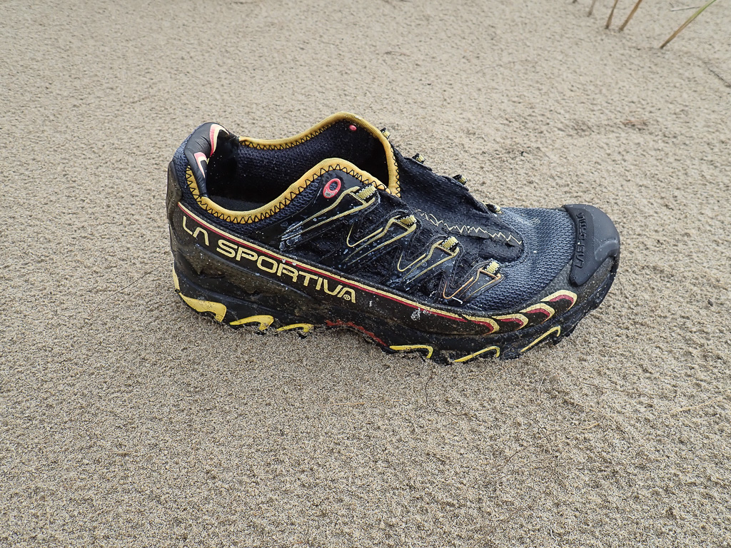 Men's La Sportiva shoe, right foot, on sand