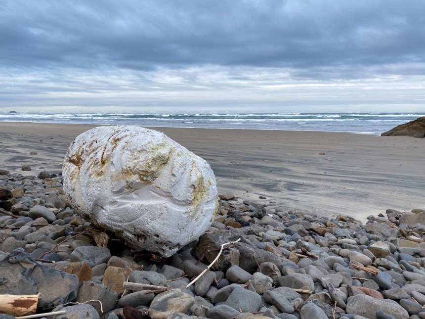 Large drifted styrofoam float up on the cobbles; view out to the surf line and the sea beyond