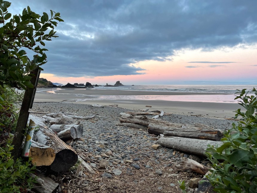 A pink pre-sunrise out over the ocean. At trail's end.