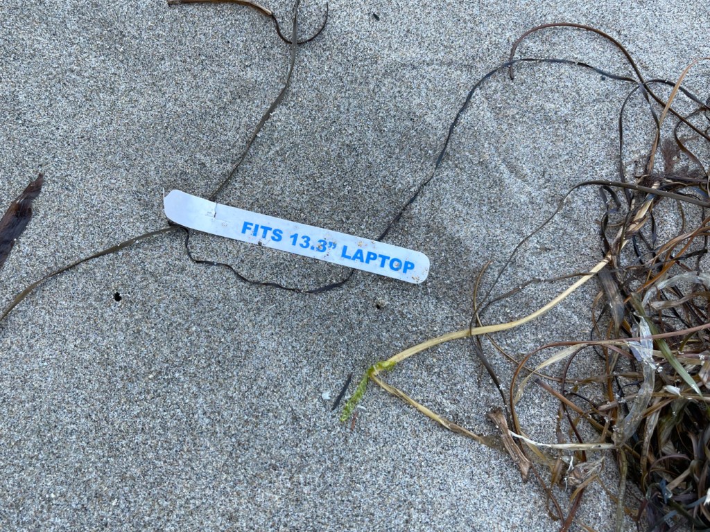 White tag says FITS 13.3" LAPTOP in blue letters; near drift surfgrass on dry sand