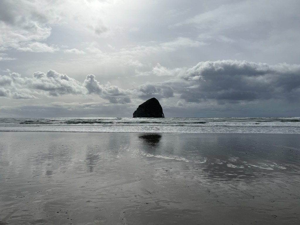 The view is straight out to sea to a seastack silhouette. Swash zone in the foreground, surf zone, then moody skies above. Sunlight peeking through the top right of the scene.
