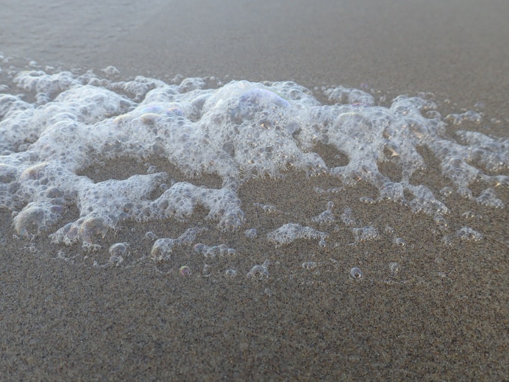 A dwindling film of sea foam on the sand. 