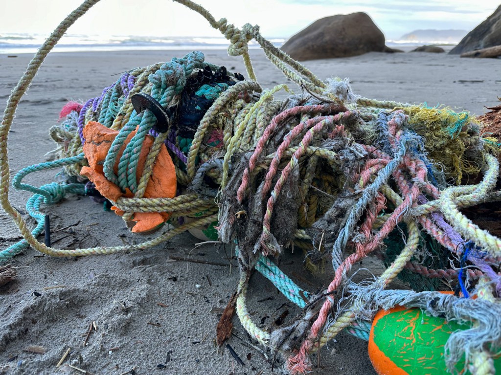 A colorful tangle of lost lines and buoys. The beach and surf zone in the distance.