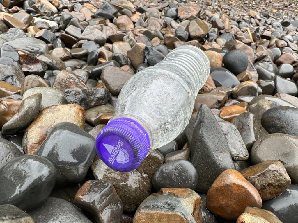 Empty plastic bottle resting on cobbles.