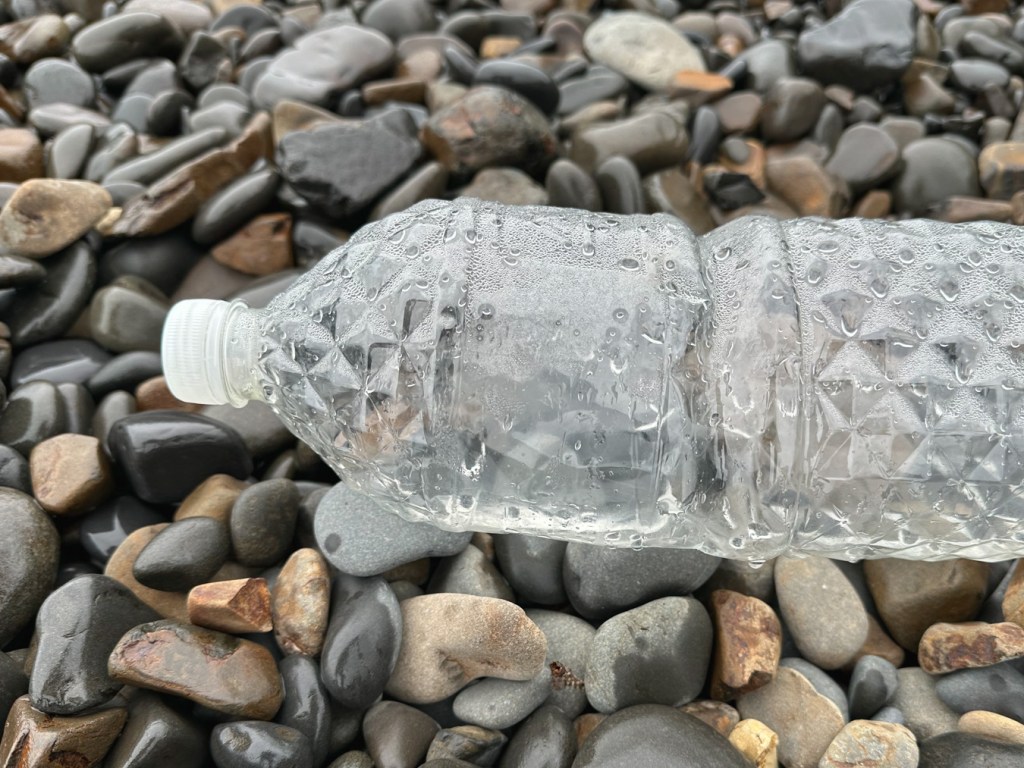 Empty plastic bottle on the cobbles; clear with a diamond pattern.