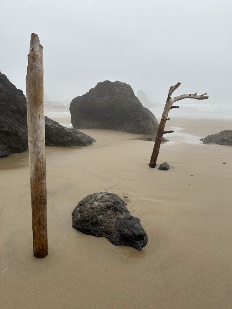 Foggy beach scene with four boulders and two large pieces of driftwood jutting from the sand.