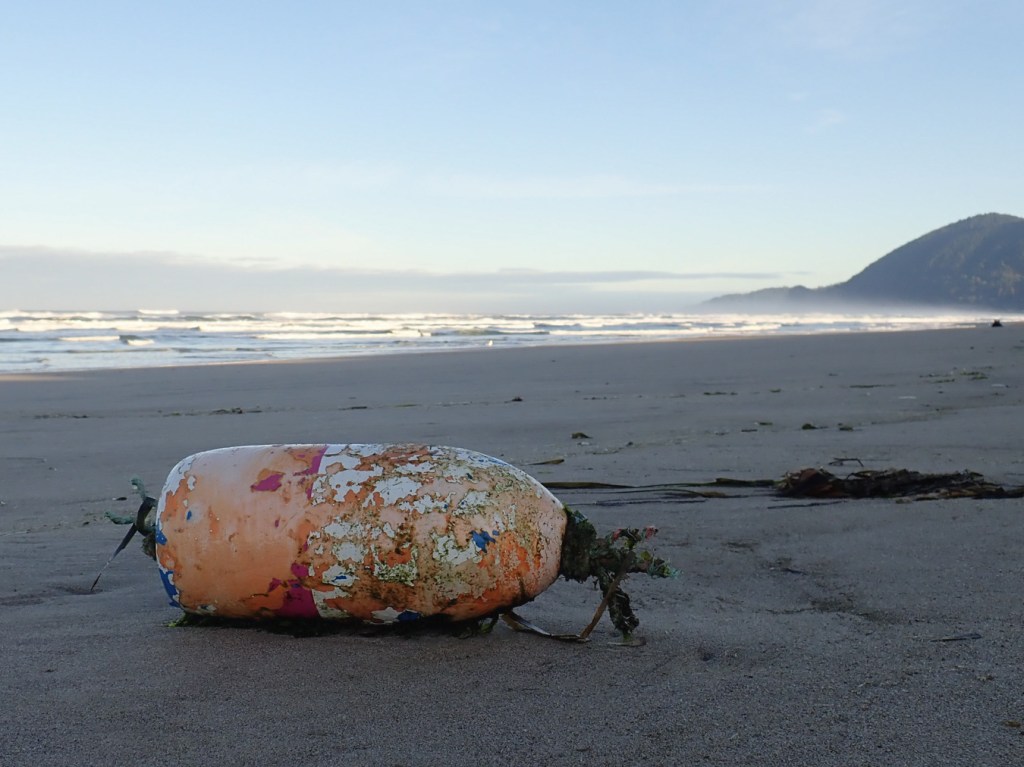 Marker buoy (probably from the local Dungeness crab fishery) resting on the sand, Beach and surf zone in the background. Low clouds on the horizon.