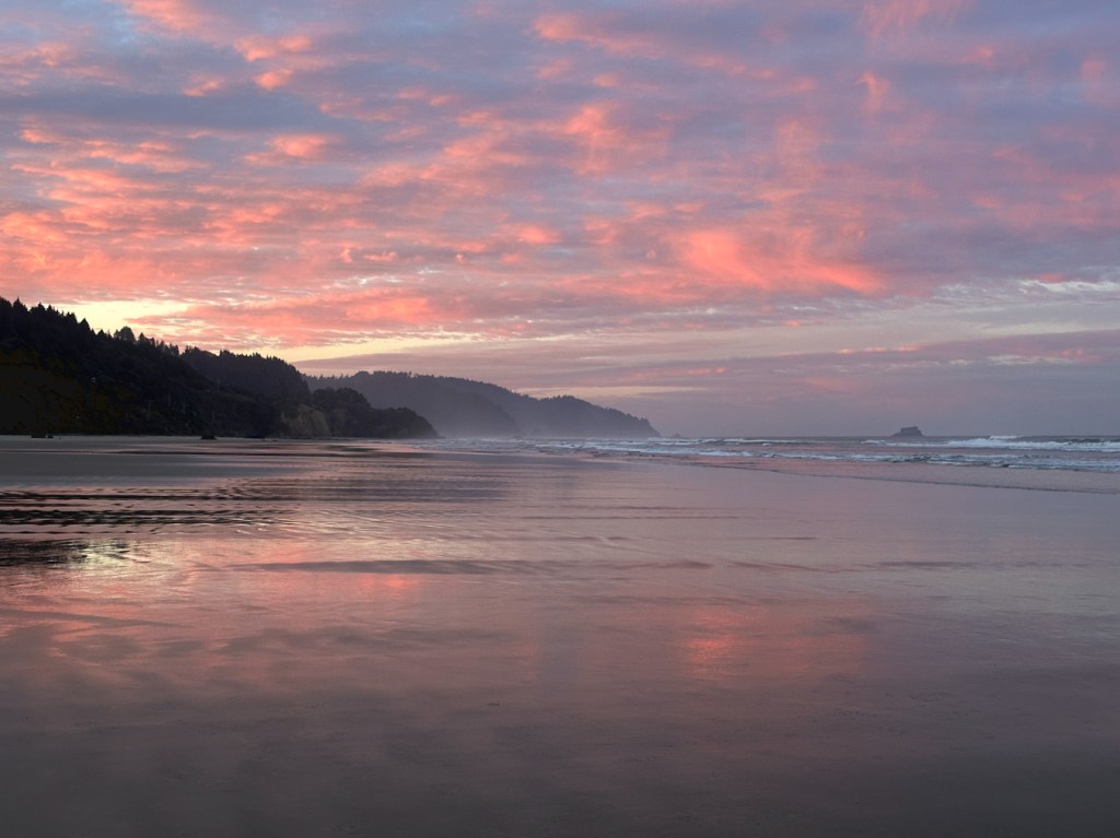 A pink and purple view south as the sun hasn't risen yet above distant headlands. Wet sand mirrors the colorful clouds. 