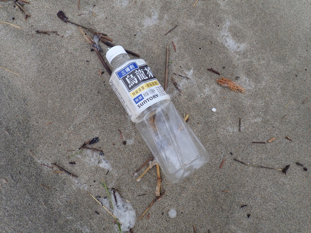 A clear plastic Suntory water bottle rests on wet sand in the swash zone. 