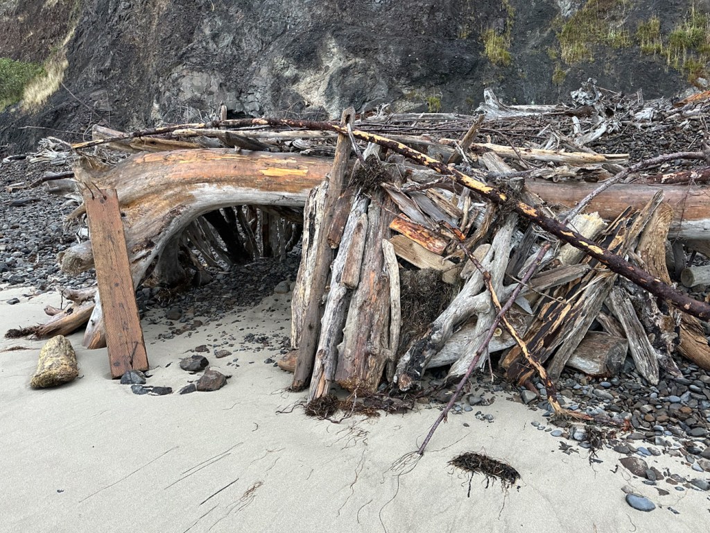 Driftwood shelter built where the sand meets the cobbles. A zone of driftwood rests against the base of a cliff at the top of the cobbles.