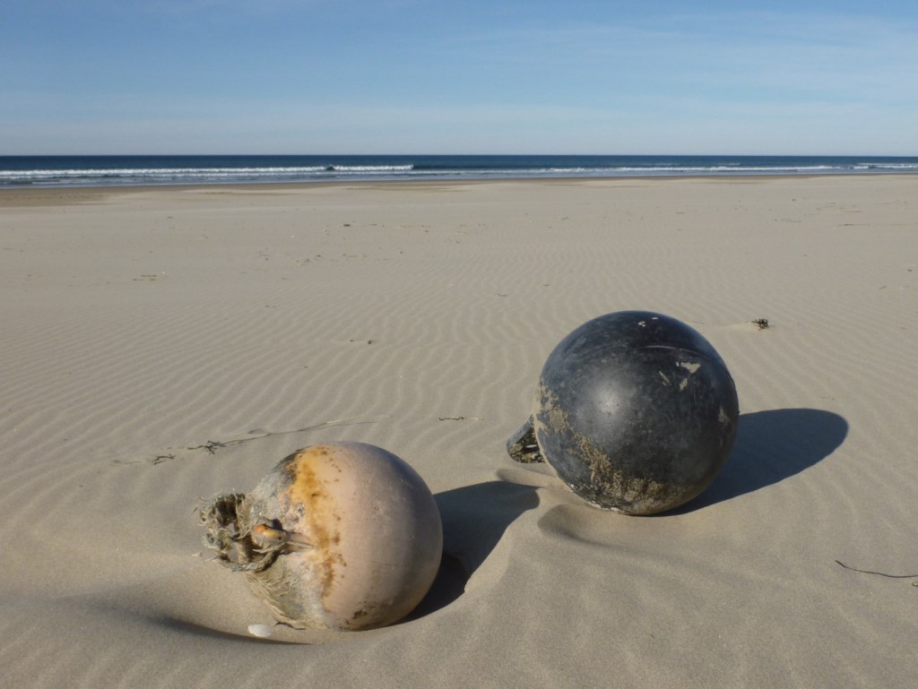 Two large round buoys rest on dry sand. In the background, beach and the surf zone. Clear sunny sky.