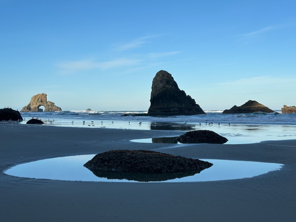 A sunrise seascape with the beach and a quiet, sand-filled pool in the foreground, the mirror in the midground, and surf and rocks just offshore. Clear sky with a few wisps of clouds. 
