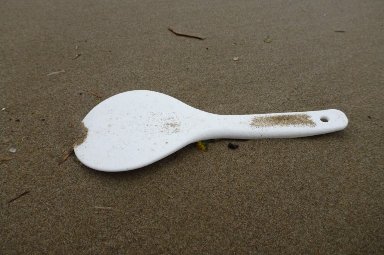 A lost rice paddle rests on the sand.