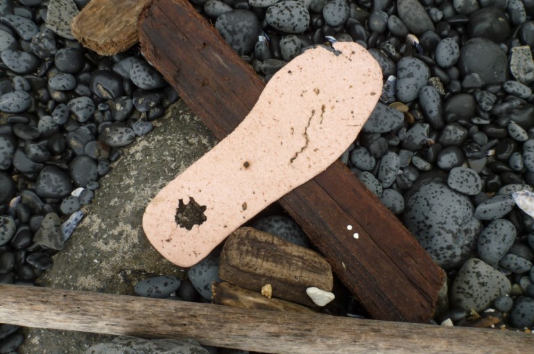 A lost and drifted insole rests among driftwood in the cobbles.
