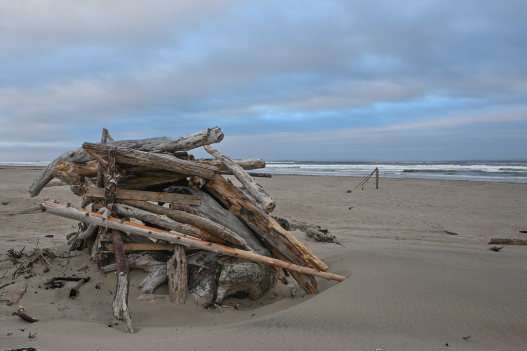 A driftwood shelter on the backshore. The view is to the beach, surf zone and out to sea. Mostly cloudy sky.