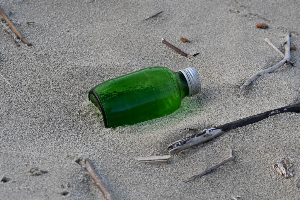An iconic empty and drifted bottle of Mickey's rests on the sand. Small pieces of driftwood share the scene.