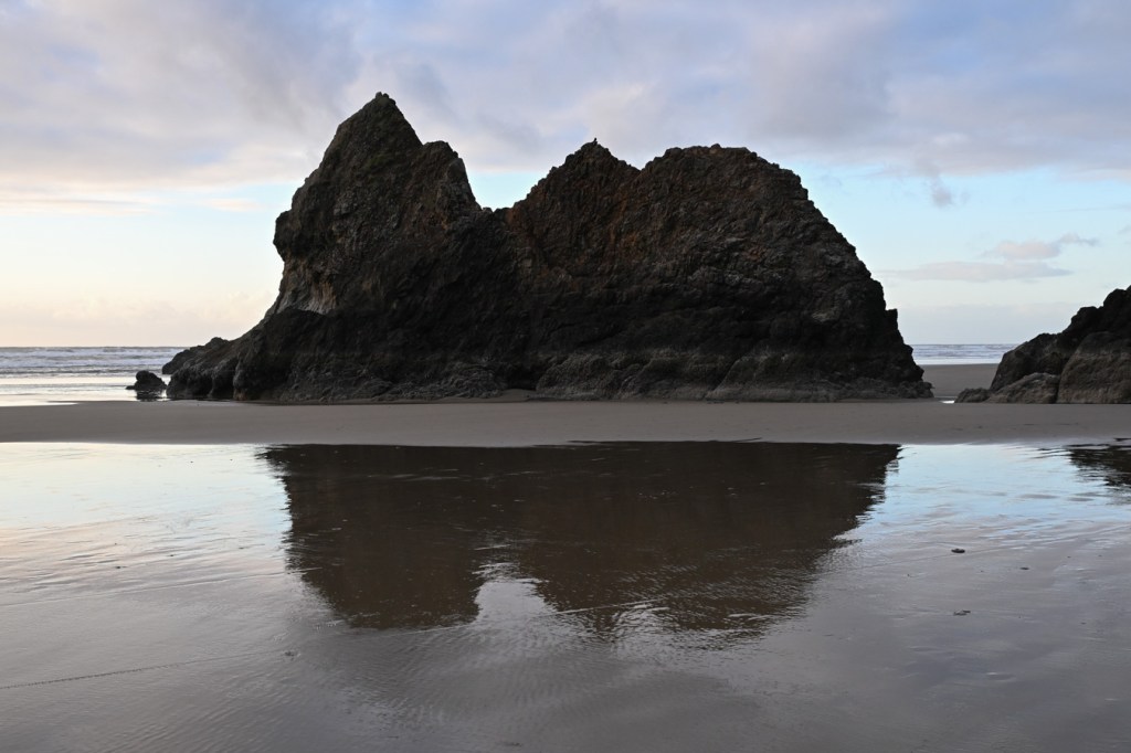 A late-afternoon seascape featuring a sea stack known as The Lion set off against a swash-zone sheen in the foreground and partly cloudy sky.