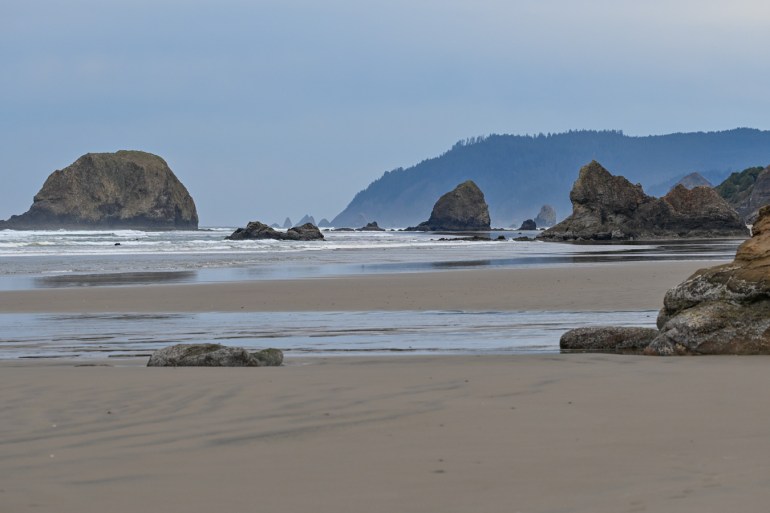 A beachscape showing a beach with a variety of rocks, outcrops and seastacks stretching off to the north. In the background a distant headland. Cloudy, hazy sky.