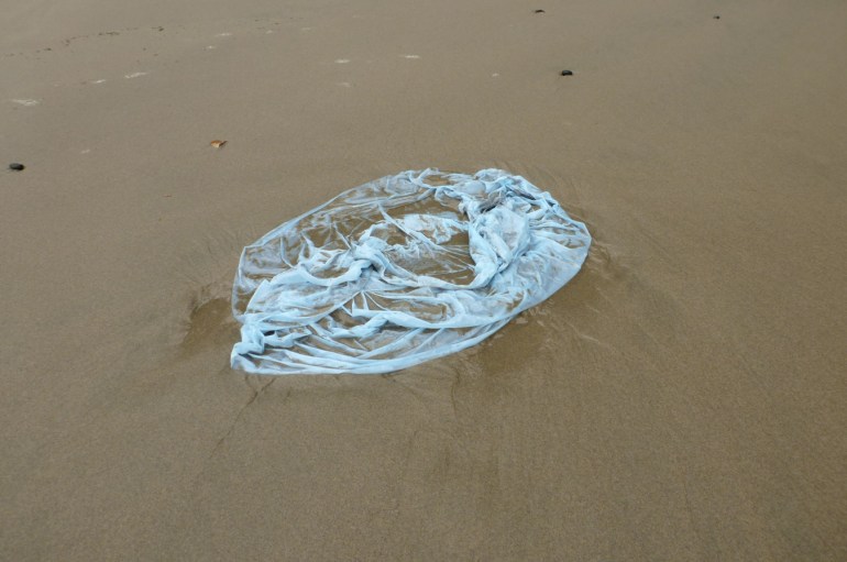 A swash-soaked plastic bag rests on the sand.