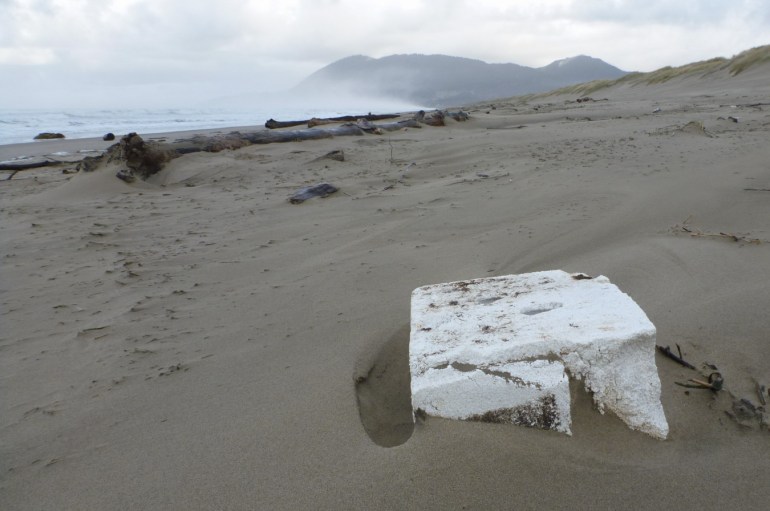 A drifted styrofoam float rests on the sand way up at the back of the beach. In the background, a distant headland. loud sky.